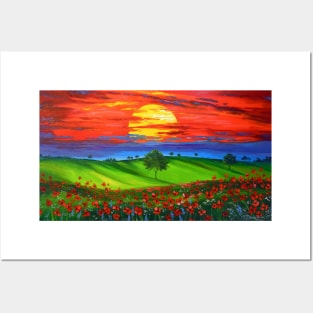 Sunset over poppy field Posters and Art